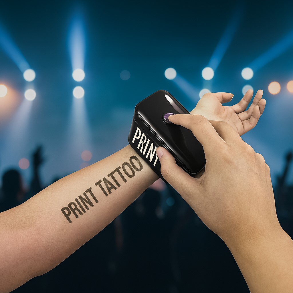 Tatuagem temporária sendo aplicada no braço de um convidado com o logo de um evento